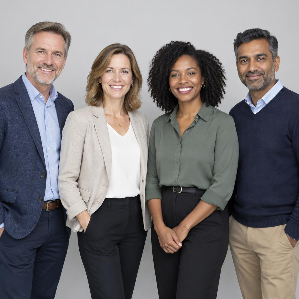 Group portrait of four professional team members standing together in an office