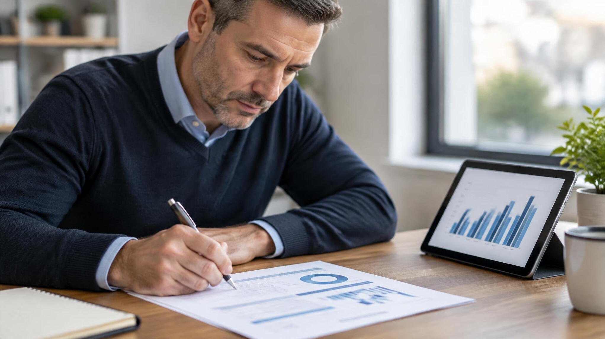 Business professional writing notes with benchmark reports and a tablet on a desk