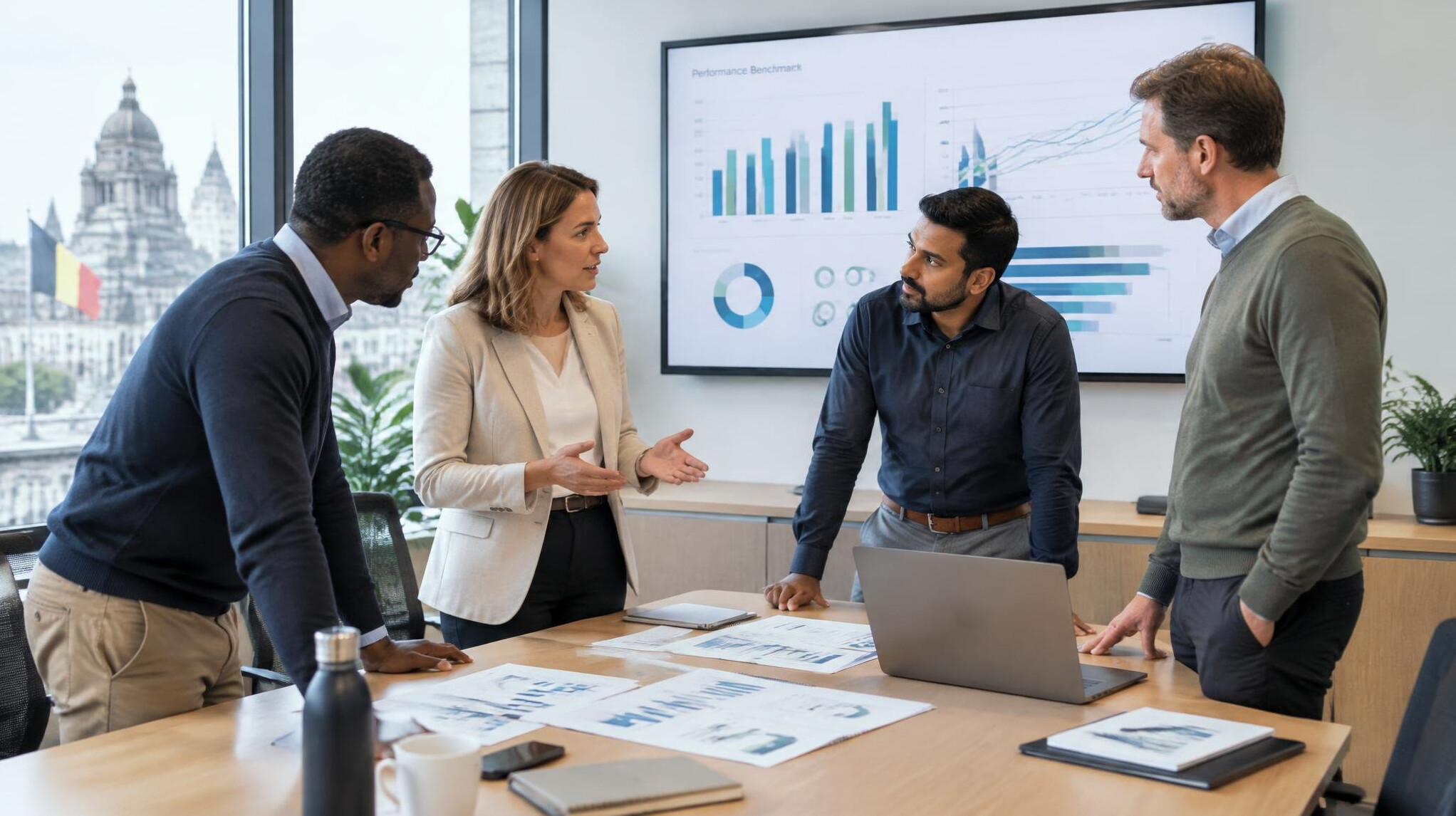 Diverse group of business professionals reviewing performance charts in a modern meeting room